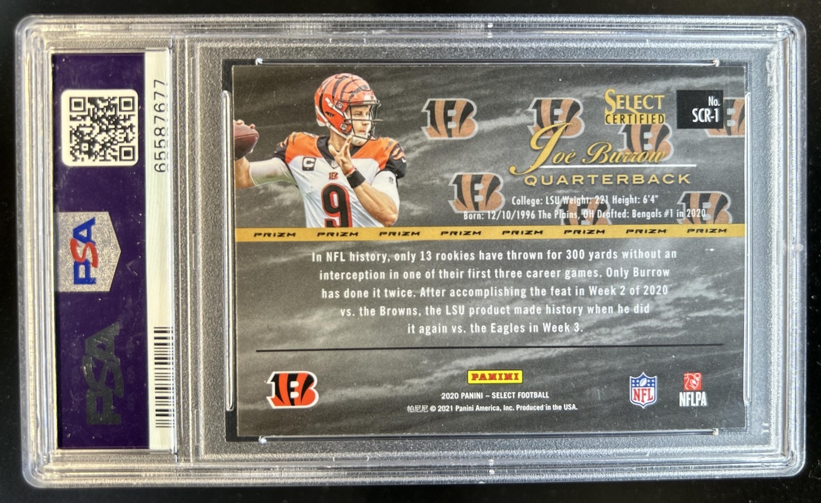 2020 Panini Select Joe Burrow Certified Rookies Prizm RC #SCR-1 Bengals PSA 9 view 2