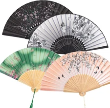 Fumwase 4 Pcs Handheld Folding Fan Small Chinese Silk with Tassel Floral...
