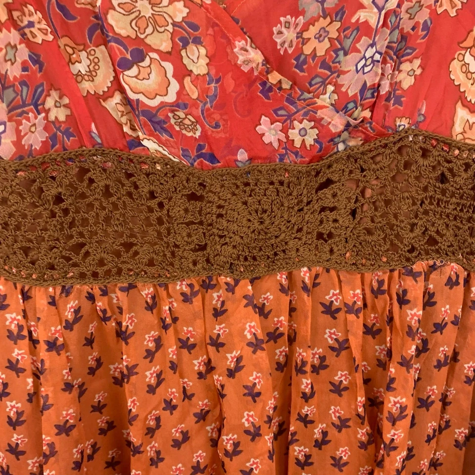 Vestido De Colección Y2K ECI New York Seda Para Mujer Talla 14 Naranja Rojo Cuello en V Manga Larga Boho Foto 3 de 4