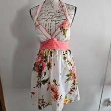 NWT City Triangles Peach Flora Print on White Halter Dress padded bust size 3 co