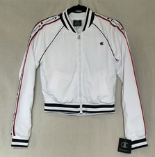 Champion Women  s XS White Full-Zip Windbreaker Jacket Spellout Sleeve Logo NWT