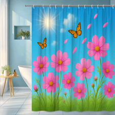 Pink Floral Shower Curtain with Butterflies and Sunlight
