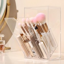 Acrylic Makeup Brush Holder with Slanted Flip-Top Lid - Clear Dustproof Cosme...