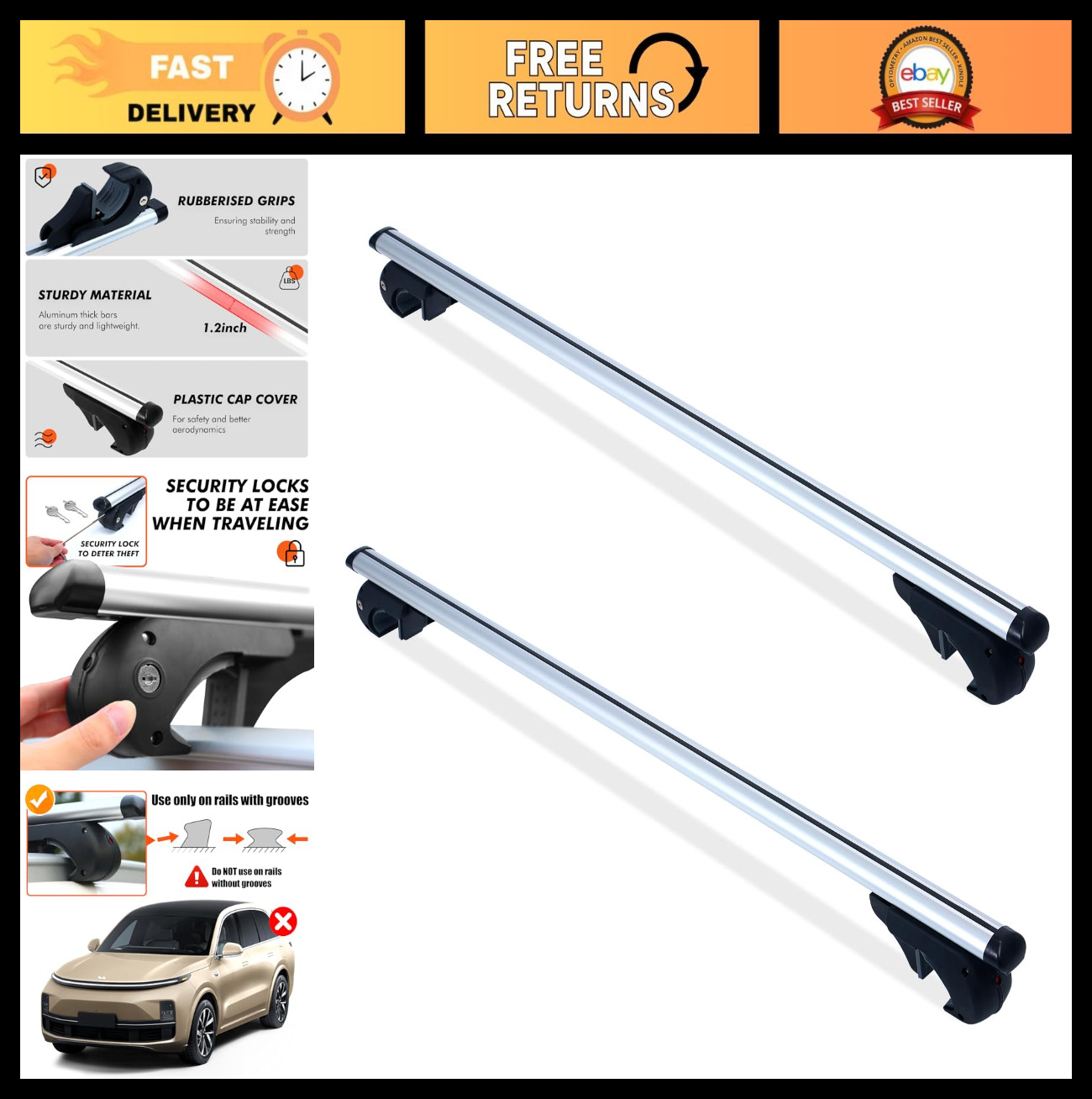 52" Aluminum Roof Rack Cross Bars for SUV/Van/Sedan - 150LB Capacity, Easy Insta
