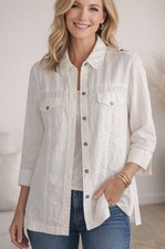 Chico s White Linen Jacket Long Shirt Safari Utility Women s Size 2 L/12-14