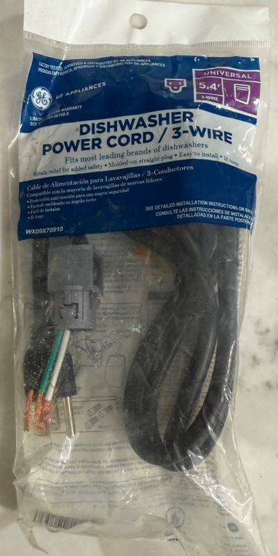 GE Dishwasher Power Cord 3-Wire 5’4” Universal WX09X70910 New Sealed