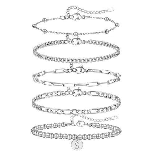 5 Stück Gold Initialen Armbänder für Frauen, 18K vergoldet zierliche Armbänder Set, Sta - Bild 1 von 6