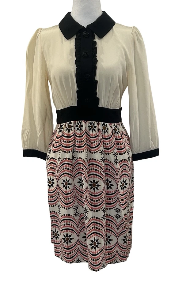 Tibi Silk Dress S 4 Cream Black Button Front Tie Waist Printed Skirt Retro Mod - Image 2 of 4
