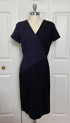 NWT Ann Taylor Size 6 Blue & Black Colorblock Dress Faux Wrap V Neck Womens  | eBay