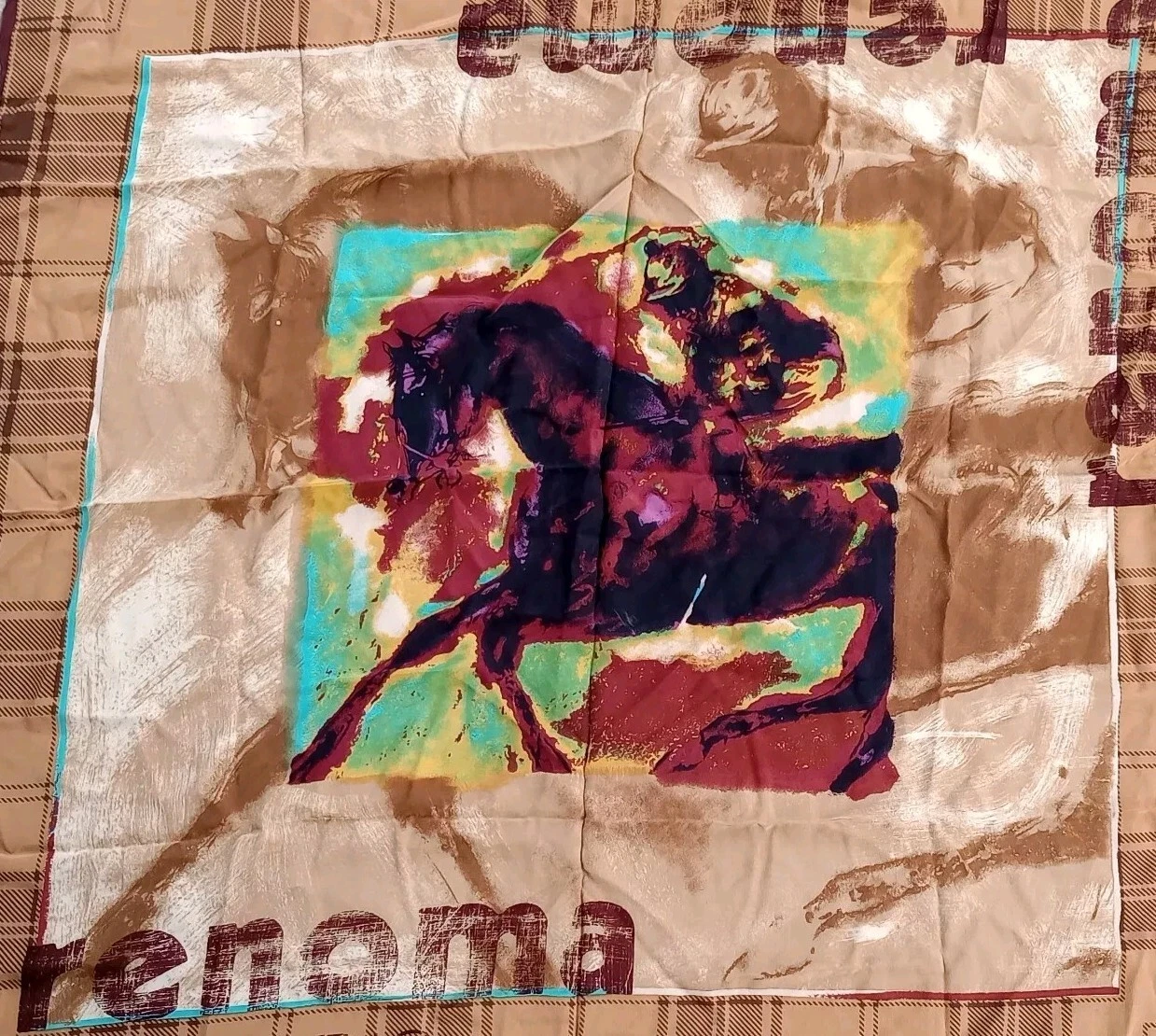 Vintage Scarf RENOMA PARIS Silky Horses Equestrian print Hand Rolled Classic Art