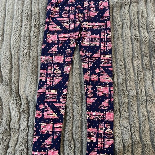 LuLaRoe Kids Leggings L XL Large Navy Blue Pink Print Buttery Soft Large NWOT - Picture 6 of 7