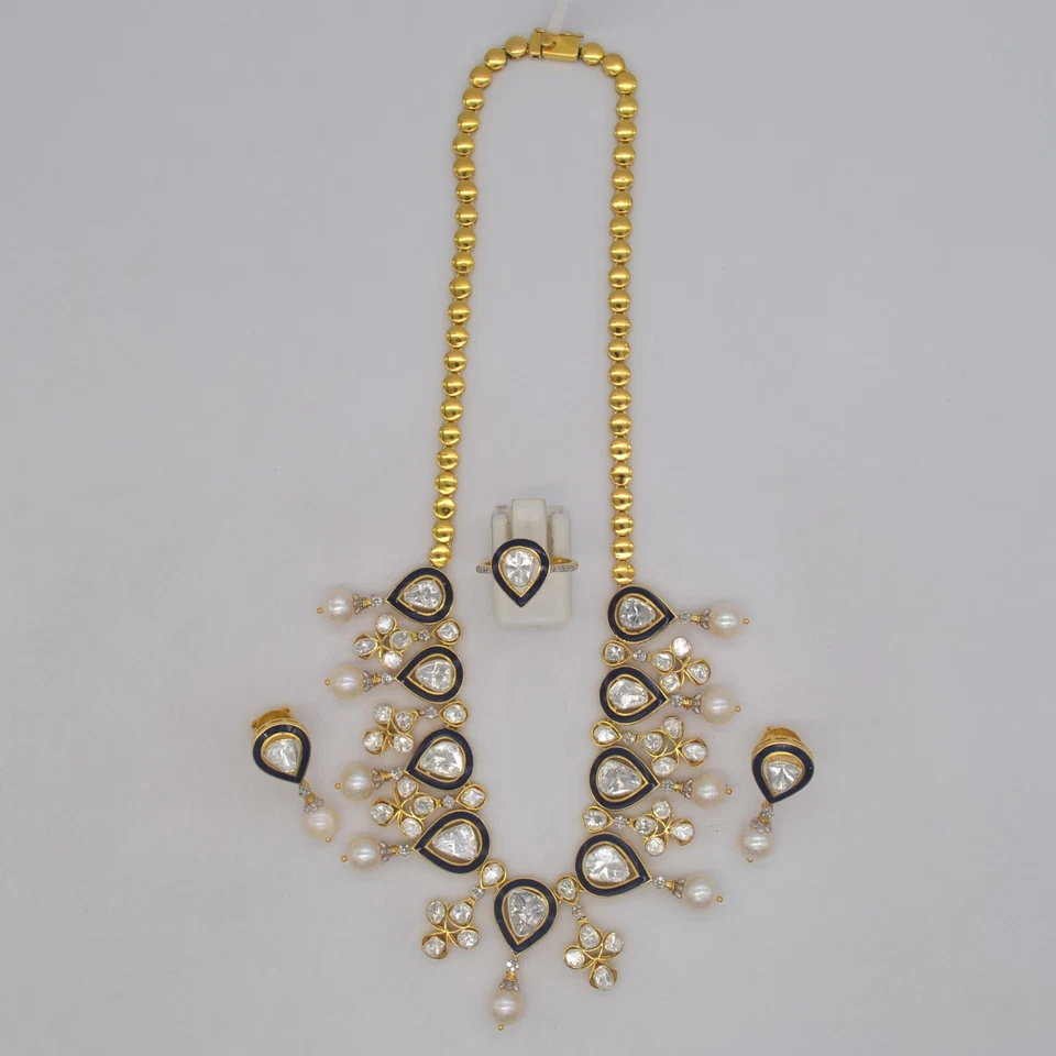 Juego de aretes collar de perlas Polki diamantes reales esmaltados en plata de ley 925 Foto 4 de 4