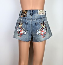 NWT Ed Hardy Born Free Women's Blue Denim Graphic Cut Off Shorts size 32
