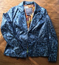 Falchi Chi Blue Leopard Animal Faux Leather Jacket Art Painted Silky Lining Xs