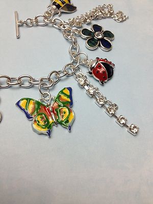 Fossil Silver Flower ?  Bee ?  Ladybug ? & Butterfly ? Charm Bracelet StyleWatch BUTTERFLY BEE LADYBUG FLOWER ENAMEL CHARM SILVER BRACELET w  main image 2