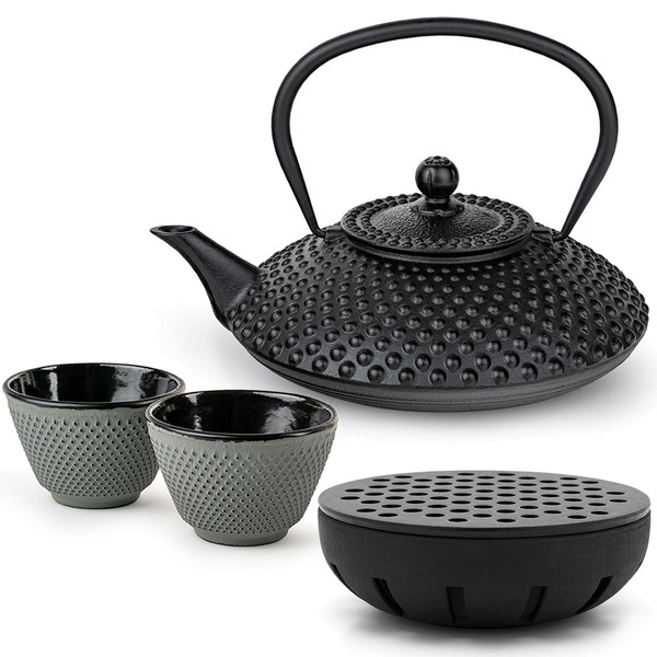Bredemeijer Teekannen Set 1,25 L Gusseisen Schwarz 2 Teebecher GrüN & TeewäRmer-image