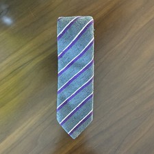 THOMAS PINK Men 100% Slub Raw Silk Tie Gray Purple White Stripes Made In Morocco