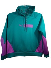 Puma Train Hoodie Women L Green Purple Logo Pockets Long Raglan Sleeve