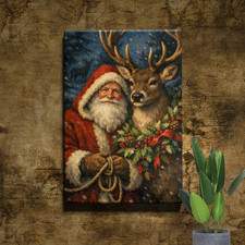 Classic Santa with Reindeer Holiday Unframed Canvas Print Wall Art Poster