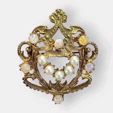 Victorian Revival Faux Opal Pearl Brooch Pin Ornate Art Nouveau Goldtone Vintage