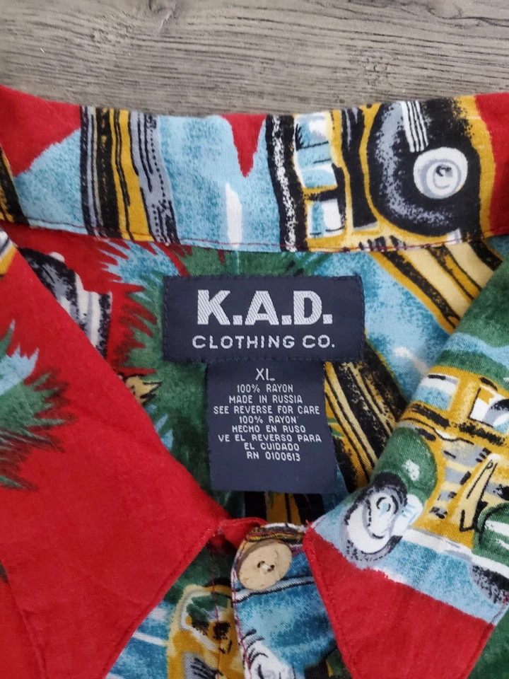 KAD Clothing Co. Hawaiian Camp Shirt Mens X-Large Wood Panel Old School Car Surf - Image 4 of 4