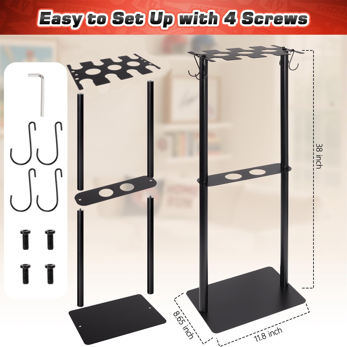 Baseball Bat Holder Stand, Free Standing Bat Rack for 8 Bats & 5