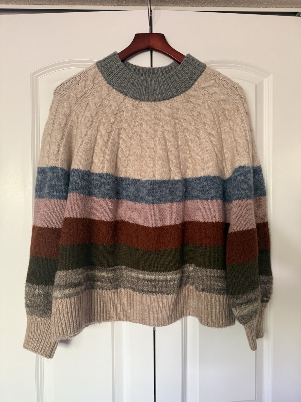 Madewell Women's Pullover Sweater Cable knit Striped  Cream Size large Sold Out!