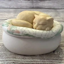 Vintage Crowning Touch Bisque Trinket Box Sleeping Kitty Cat On Pillow 4x3x2.5”