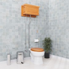 Light Oak High Tank Pull Chain Toilet Raised with Elongated Bowl Satin L-Pipe