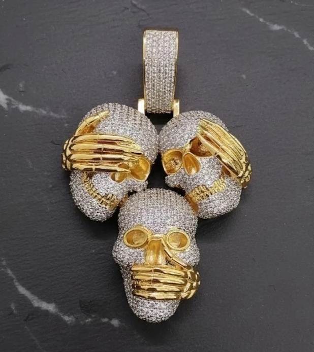 9Ct Round Cut Lab Created Diamond Men's Skull Pendant 14K Yellow