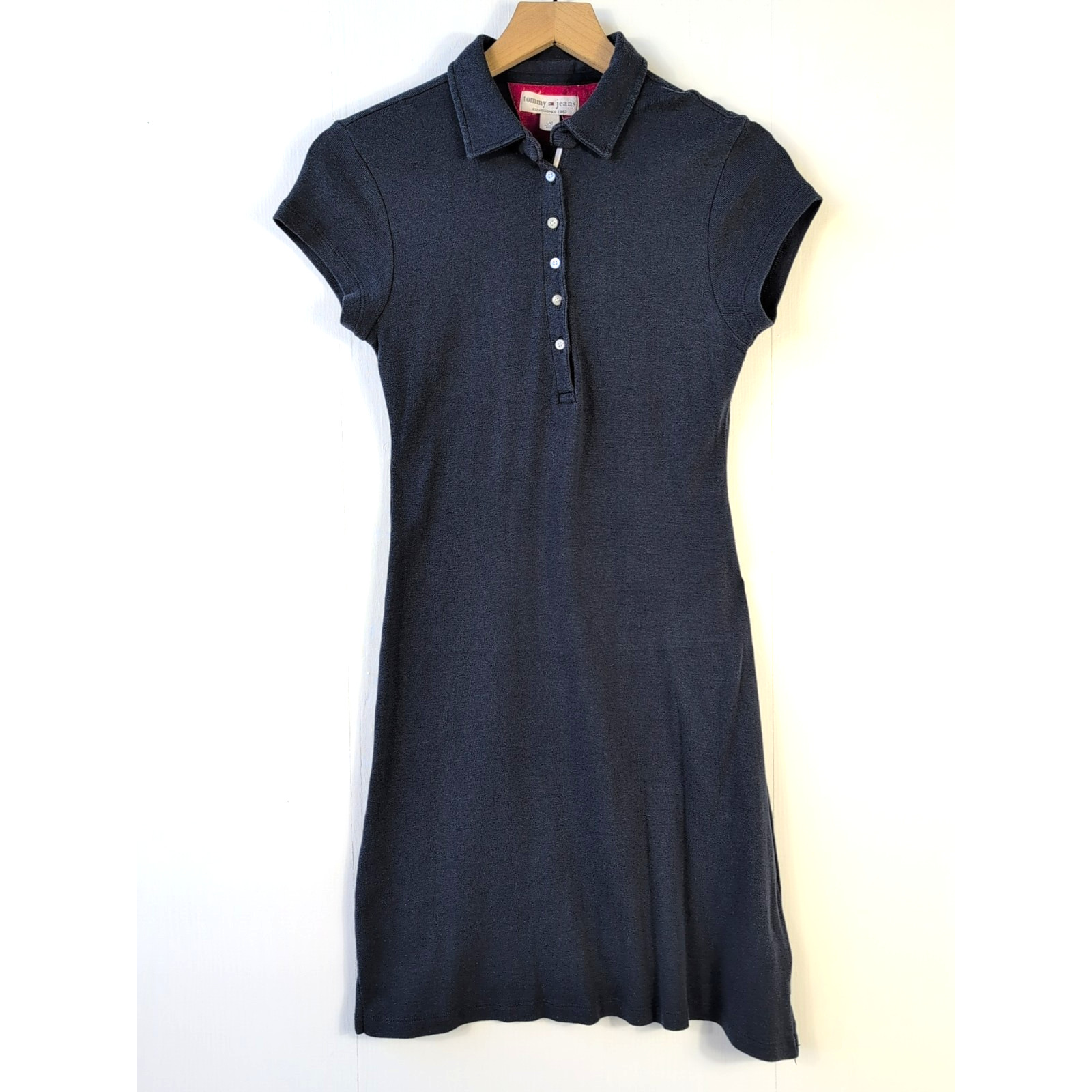 Tommy Jeans Polo Dress L Navy Short Sleeve Ribbed Vintage Y2K Logo Modest Fit
