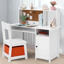 Wooden Kids Study Desk and Chair Set w/ Cabinet,Shelf,Bulletin Board,Fabric Bin
