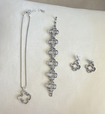 Brighton Signed Silver Tone Scroll Quatrefoil Necklace Bracelet Earrings Set