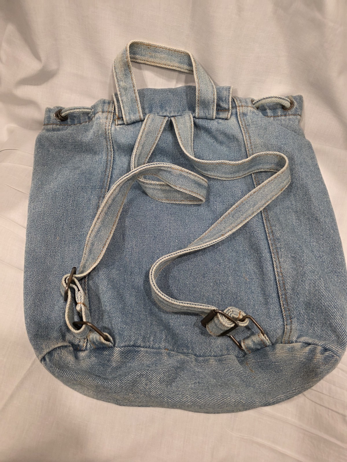 Vintage Denim Backpack Pull String And Snap Closu… - image 2