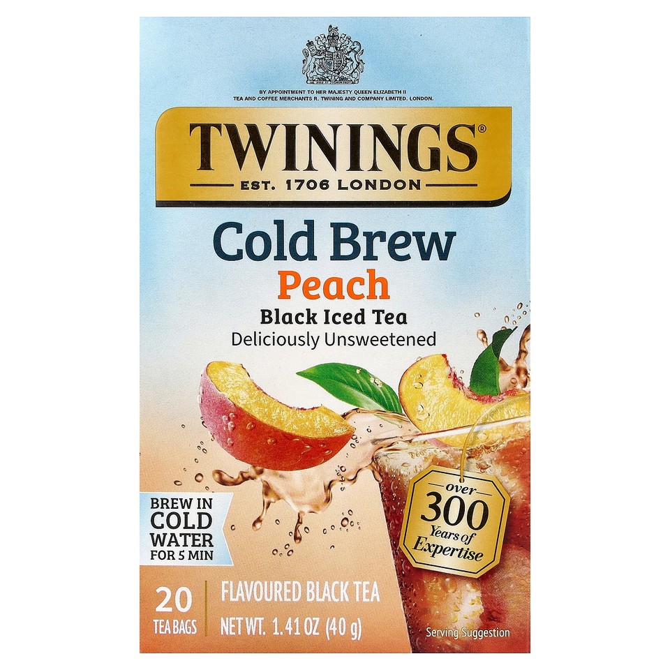Cold Brewed Iced Tea, Black Tea, Peach, Unsweetened, 20 Tea Bags, 1.41 oz (40 g)