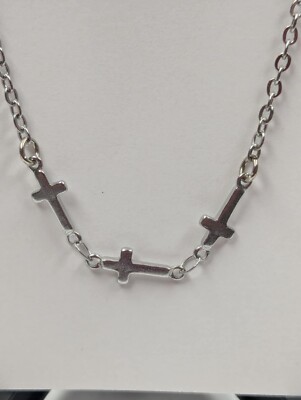 Silver Tone Petite Horizontal Sideways Cross Charms 18 '' Necklace w/ 3 CROSSES