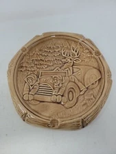 Vintage RARE Ceramic Ashtray/Trinket Dish Men Deer Hunting Car 