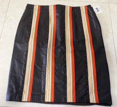 New w tags Vintage Danier Funky Leather Sz 8-10 Studded Pencil Skirt Striped