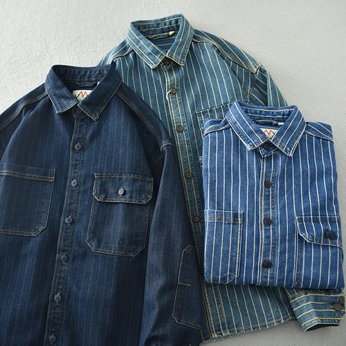 Heavy vintage washed vertical stripe denim shirt men's loose size cotton long - 第 6/18 張圖片