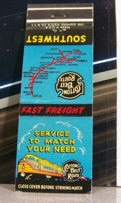 Vintage Matchbook Cover V3 Railroad Train Southwest Cotton Belt Route Map Nice