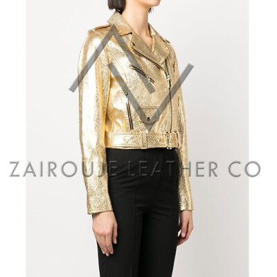 Women's Gold Leather Biker Jacket