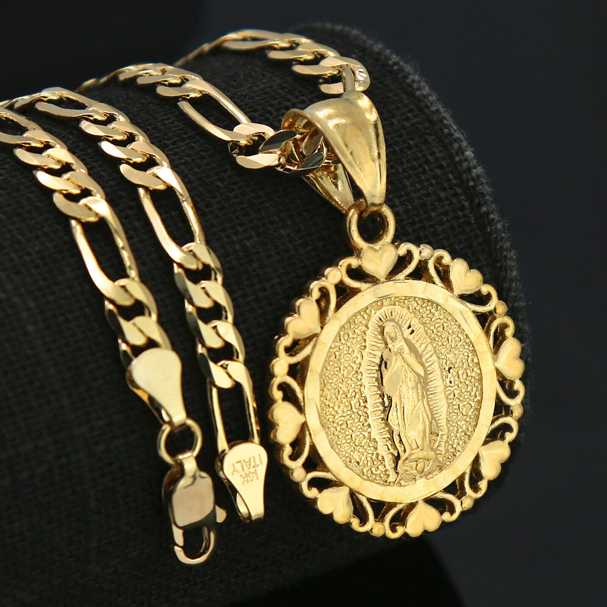 Collar Colgante Con Medalla de Guadalupe Oro 18k Chapado Cadena Fígaro 18" 5mm