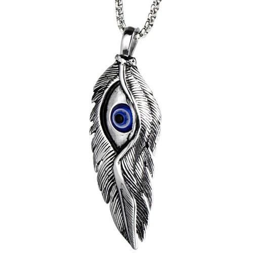Blue Evil Eye Bird Feather Pendant Necklace for Men Women - Picture 8 of 21
