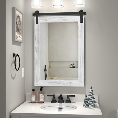 Rustic Farmhouse Bathroom Mirror - 30x21 White Wood Framed Wall Decor