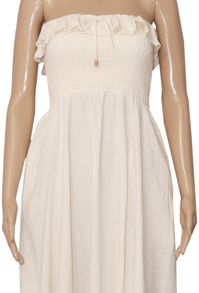 Free People Lush Life Linen Strapless Midi Dress Smocked Ivory Ruffle Small  S | eBay