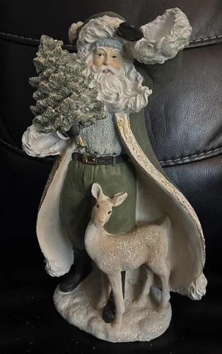 Santa Claus with Christmas Tree and Deer Christmas Figurine 12 Inch Melrose