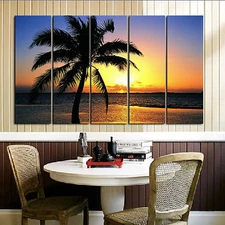 Sunset/Palm Tree Ready hang 5 pcs wall art mounted/framed/better Than stretched