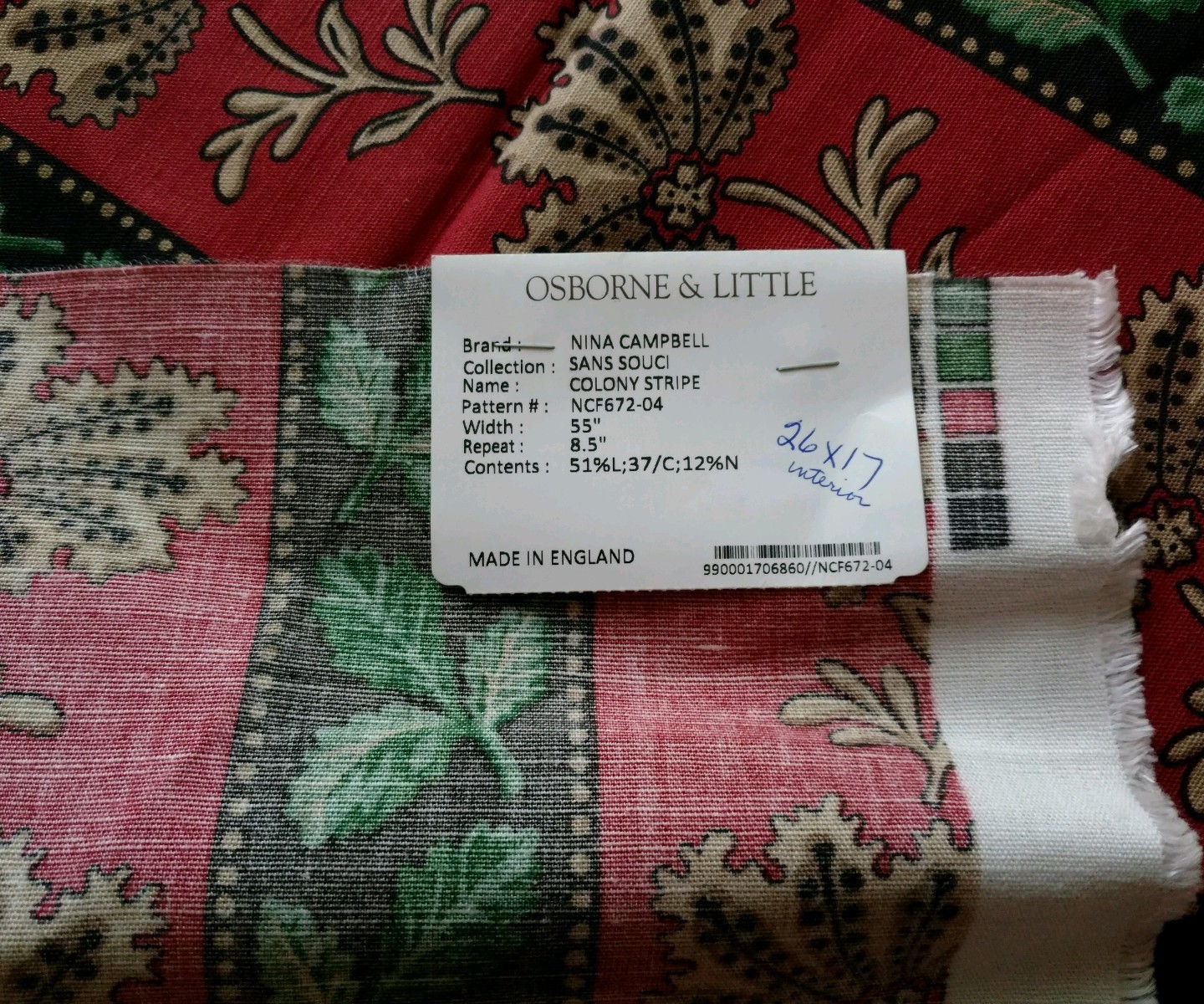 NINA CAMPBELL Fabric Remnant SANS SOUCI / COLONY STRIPE ENGLAND