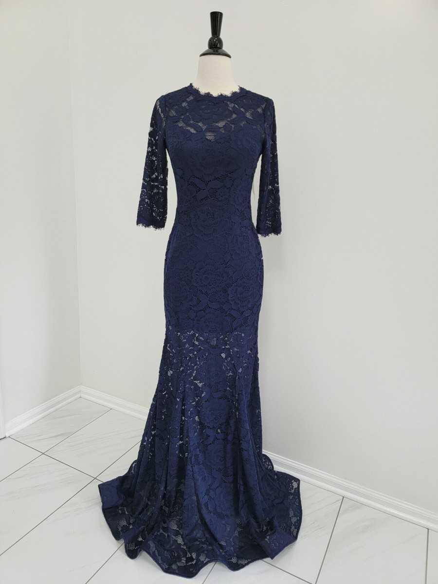 navy blue 3 4 sleeve lace dress Mother of the Bride Dress Style #27885
