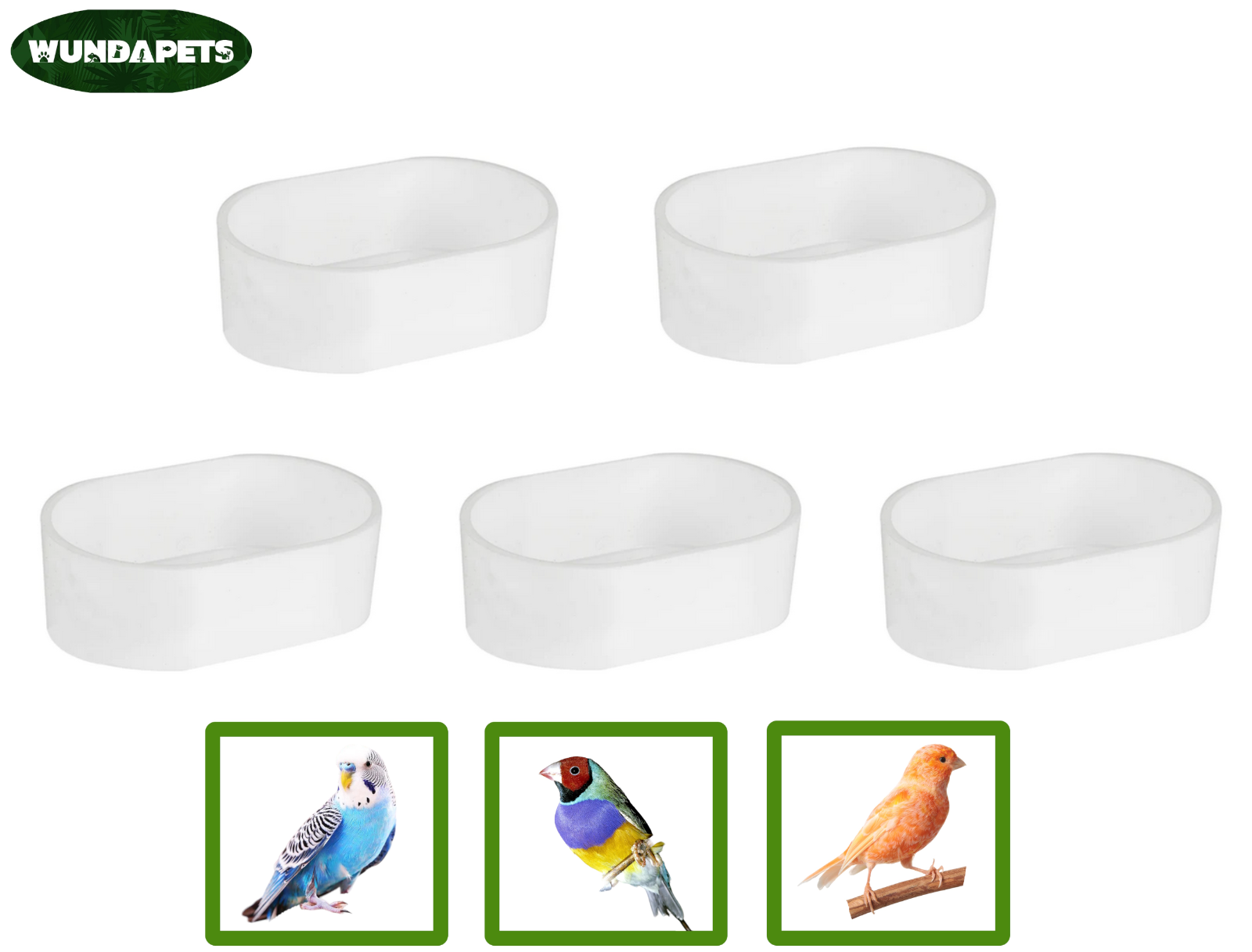 5 PACK WUNDAPETS PLASTIC WHITE OVAL SMALL BIRD BOWL BUDGIE CANARY FINCH